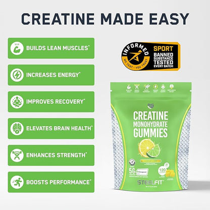 SteelFit Creapure Creatine Monohydrate Gummies for Men & Women, Lemon Lime - Gym Workout Nutritional Supplements for Muscle Gain, Brain Health & Strength Building Dietary Supplement, 120 Gummies