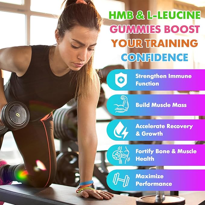 HMB and L-Leucine 3000mg with Calcium Gummies - Muscle Support & Recovery for Adults & Elderly, Vegan, Non-GMO, Gluten Free, 60 Gummies