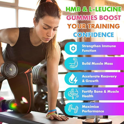 2 Pack HMB and L-Leucine 3000mg with Calcium Gummies - Muscle Support & Recovery for Adults & Elderly, Vegan, Non-GMO, Gluten Free, 120 Gummies