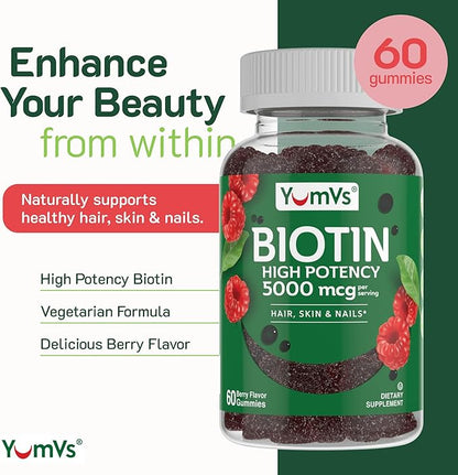 YumVs Biotin Gummies 5000mcg - Luscious Raspberry Flavor - Thicker Faster Hair Growth Gummies for Women or Men - Hair, Skin & Nails Vitamins - Hair Gummy - Vegetarian Biotin Supplement (60 Ct., 2pk)