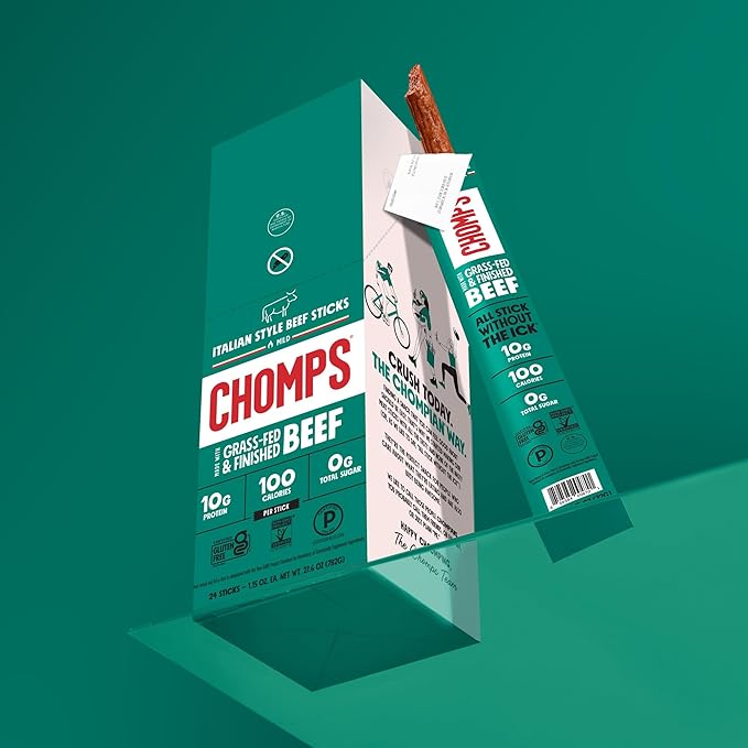 CHOMPS Grass Fed Italian Style Beef Jerky Snack Sticks, Keto, Whole30, Paleo, Gluten Free, Sugar Free, Low Carb, AIP Diet Compliant, 100 Calories,1.15 Oz, Pack of 24