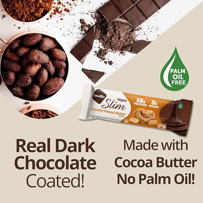 NuGo Slim Dark Chocolate Crunchy Peanut Butter, 17g Vegan Protein, 3g Sugar, 7g Fiber, Low Net Carb, Keto Friendly, Gluten Free, 12 Count