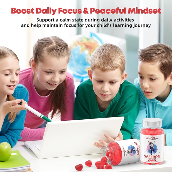 Saffron Gummies for Adults Kids - Organic Saffron Extract Supplement for Men Women Sugar Free for Mood Balance Support Better Sleep Metabolism with Vitamins Non GMO Strawberry Flavored 30 Days Supply