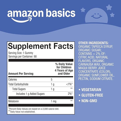 Amazon Basics Kids Melatonin 1 mg Dietary Supplement Gummies 90 Count