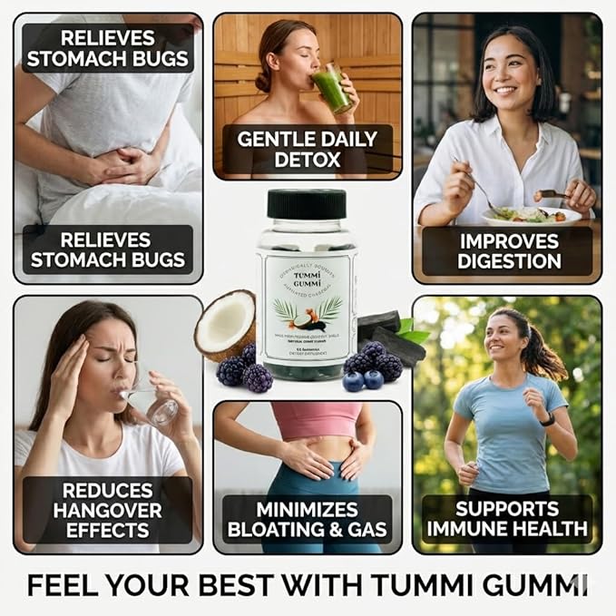 Activated Organic Charcoal Gummies for Kids and Adults, Digestive Health, Gas and Bloat Relief, Detox, Natural Berry Flavor, 60 Count