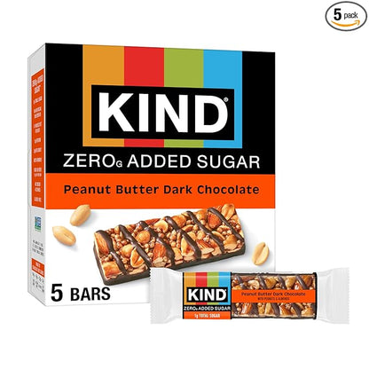Kind Zero Added Sugar Healthy Snacks Bars, Peanut Butter Dark Chocolate, Gluten Free, High Fiber, Keto Snacks, 5g Protein, 5 Count