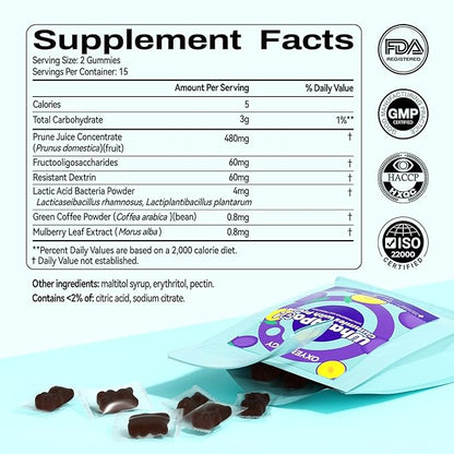 OxyEnergy Prebiotics, Probiotics, Metabolism Gummies for Adults with Prune Digestive Green Coffee Bean & Mulberry Leaf Extract to Support Gut Health, Sugar Metabolism & Energy Release - 30 Gummies