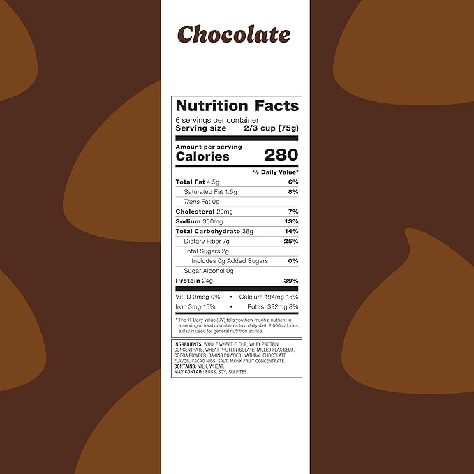 Flourish Protein Pancake & Waffle Mix, with Whey Protein & Flax Seed, No Added Sugar, High in Protein & Fiber - Just Add Water - Chocolate Flavour, 16oz (2 Pack)