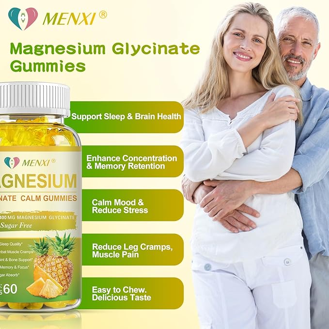 Magnesium Glycinate Gummies 400mg, Sugar Free Magnesium Taurate, Malate Supplement with Vitamin D, B6, CoQ10 for Relaxation, Stress Relief, Muscle, Bone & Sleep Support- 60 Pineapple Gummies