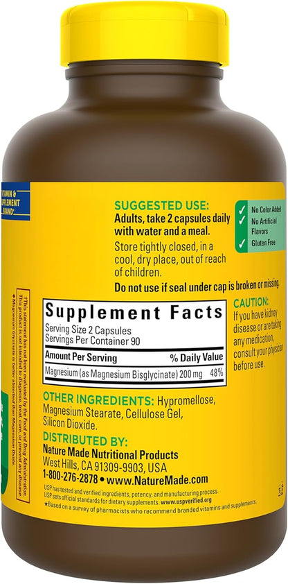 Nature Made Magnesium Glycinate 200 mg per serving, Magnesium Supplement for Muscle, Heart, Nerve and Bone Support, 180 Magnesium Bisglycinate Capsules, 90 Day Supply