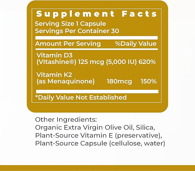 Premier Research Labs: Vitamin D3 + K2 Supplements - for Bone Support and Promotes Heart Health, Gluten-Free - 5000 IU Vegan Supplements - Tested Quality | 30 Plant-Source Based Capsules