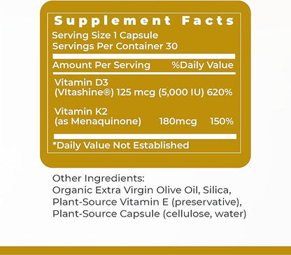 Premier Research Labs: Vitamin D3 + K2 Supplements - for Bone Support and Promotes Heart Health, Gluten-Free - 5000 IU Vegan Supplements - Tested Quality | 30 Plant-Source Based Capsules
