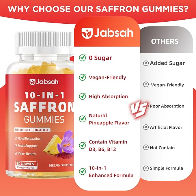 Saffron Gummies for Adult Kids, 10-IN-1 Saffron Supplements with Saffron Extract 88.5 mg, Vitamin D3, B6, B12, L-Theanine, St. John's Wort, Ashwagandha for Mood, Focus, Calm, Melatonin-Free, 60 Count