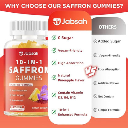Saffron Gummies for Adult Kids, 10-IN-1 Saffron Supplements with Saffron Extract 88.5 mg, Vitamin D3, B6, B12, L-Theanine, St. John's Wort, Ashwagandha for Mood, Focus, Calm, Melatonin-Free, 120 Count