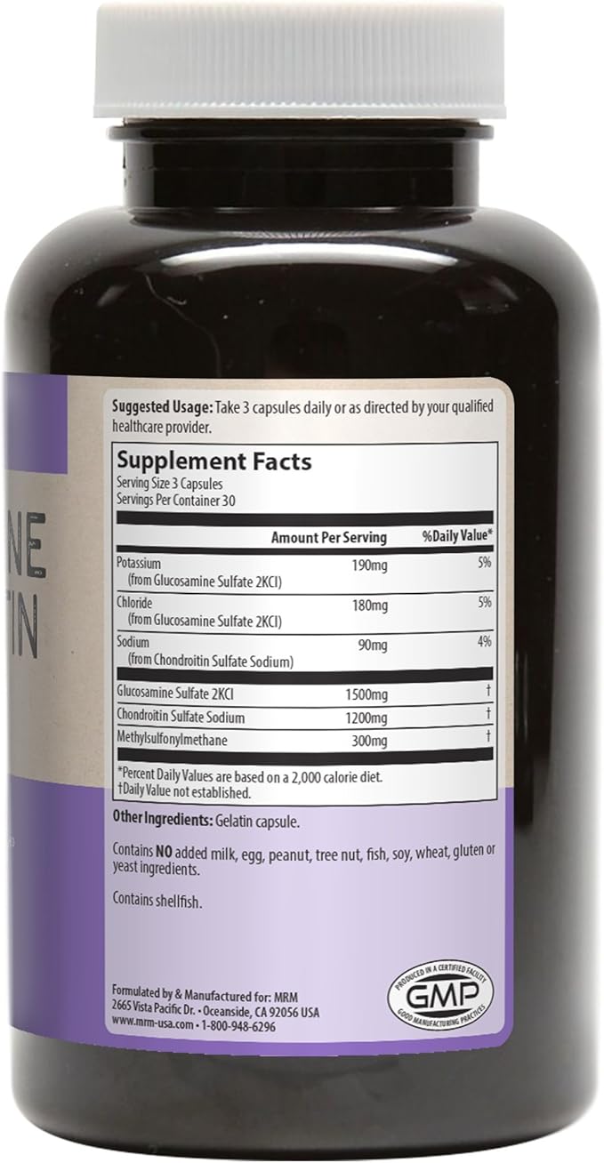 MRM Nutrition Glucosamine Chondroitin MSM - Joint Support Supplement with Glucosamine Sulfate, Chondroitin Sulfate & MSM for Cartilage & Mobility Health, for Women & Men, Gluten Free - 30 Servings