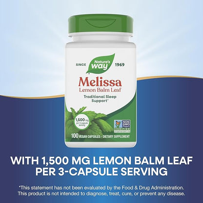 Nature's Way Melissa Lemon Balm Leaf, Traditional Sleep Support*, Melatonin Free, 1500 mg per 3-Capsule Serving, Non-GMO Project Verified, 100 Vegan Capsules (Packaging May Vary), (Pack of 2)