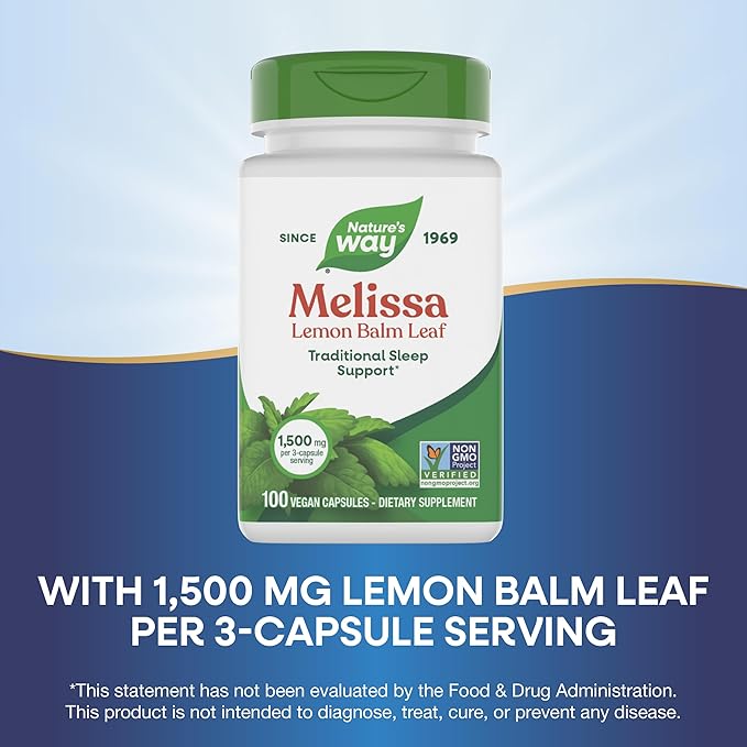 Nature's Way Melissa Lemon Balm Leaf, Traditional Sleep Support*, Melatonin Free, 1500 mg per 3-Capsule Serving, Non-GMO Project Verified, 100 Vegan Capsules (Packaging May Vary)