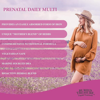 Buried Treasure Prenatal Plus DHA Complete, 16 oz Orange Banana Flavor, High Potency Liquid Formula Supplement for Before, During, Post Pregnancy, Natural DHA Omega3 Iron Vegetarian Safe w/Dose Cup
