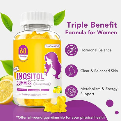 Myo & D-Chiro Inositol Gummies for Women – 40:1 Ratio Hormone Balance & Fertility Support with ALA, Vitamin D3, B12 & Chromium – Lemon Flavor Inositol Supplement for Women – 60 Gummies 1 Pack