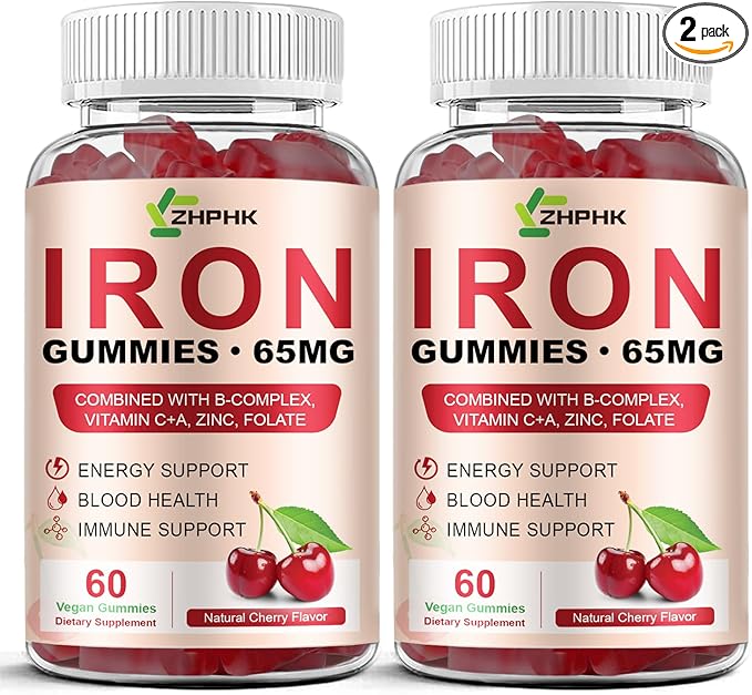 ZHPHK Iron Gummies Supplement for Women, Men & Kids, Iron 65mg with 250mg Vitamin C B6 B12 Folate Healthy Blood, Energy & Immune Support Gentle on Stomach Ferrous Fumarate, 120 Count