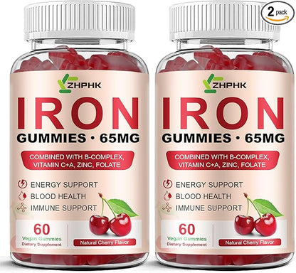 ZHPHK Iron Gummies Supplement for Women, Men & Kids, Iron 65mg with 250mg Vitamin C B6 B12 Folate Healthy Blood, Energy & Immune Support Gentle on Stomach Ferrous Fumarate, 120 Count