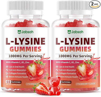 L-Lysine Gummies 1000 mg for Kids and Adults, L-Lysine Supplements with Vitamin C, B2 for Lips & Oral Health, Immune Support & Collagen & Calcium- Vegan, Non GMO, Strawberry Flavor, 120 Count