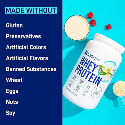 LeanFit WHEY Protein Natural Vanilla – 100% Whey Protein Powder, 24g Protein Per Serving – Grass-Fed, Gluten-Free, Low Carb, BCAAs, Amino Acid – 23 Servings, 1.83 Pound Tub