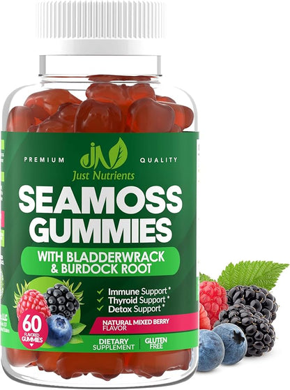 Sea Moss Gummies with Bladderwrack and Burdock Root - Natural Irish Sea Moss Superfood for Immune, Thyroid and Detox Support - Extra Strength for Men & Women - Gluten-Free, Vegan - 60 Gummies