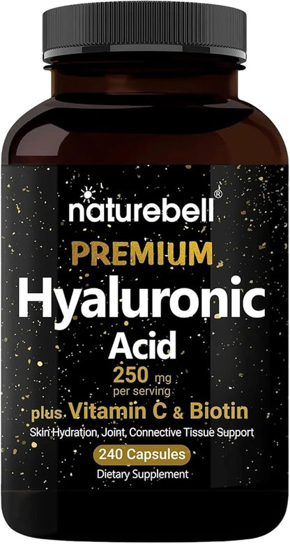 NatureBell Hyaluronic Acid 250mg - 240 Capsules - 250mg Hyaluronic Acid, 5000mcg Biotin & 25 mg Vitamin C - Supports Skin, Hair, Bone, Eye & Joint Health*