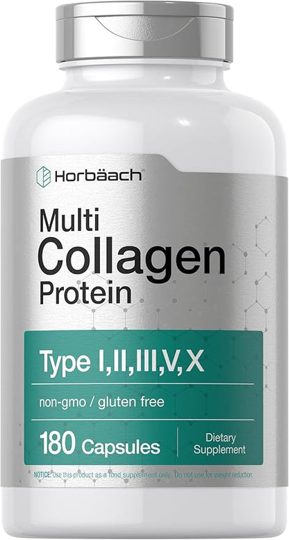 Horbäach Multi Collagen Protein 2000 mg | 180 Capsules | Hydrolyzed Collagen Type I, II, III, V, X | Keto & Paleo Friendly, Non-GMO, Gluten Free Supplement