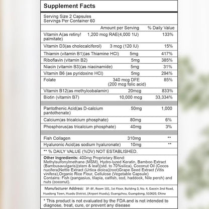 Biotin | Collagen | Hyaluronic Acid Supplement, Clinically Proven Hair Growth Support, Skin and Nails, 25000 mcg Vitamins B2, B3, B6 & B7 + B1 & Keratin Women & Men （120 Capsules）