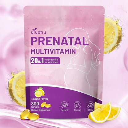 VivoNu 20 in 1 Prenatal Multivitamin, Prenatal Vitamins for Women, Vitamin C D3 K2 B6 B12, Folic Acid, Omega 3 DHA, Choline, Probiotic, Iron, Calcium, Zinc & Magnesium, 300 Softgels