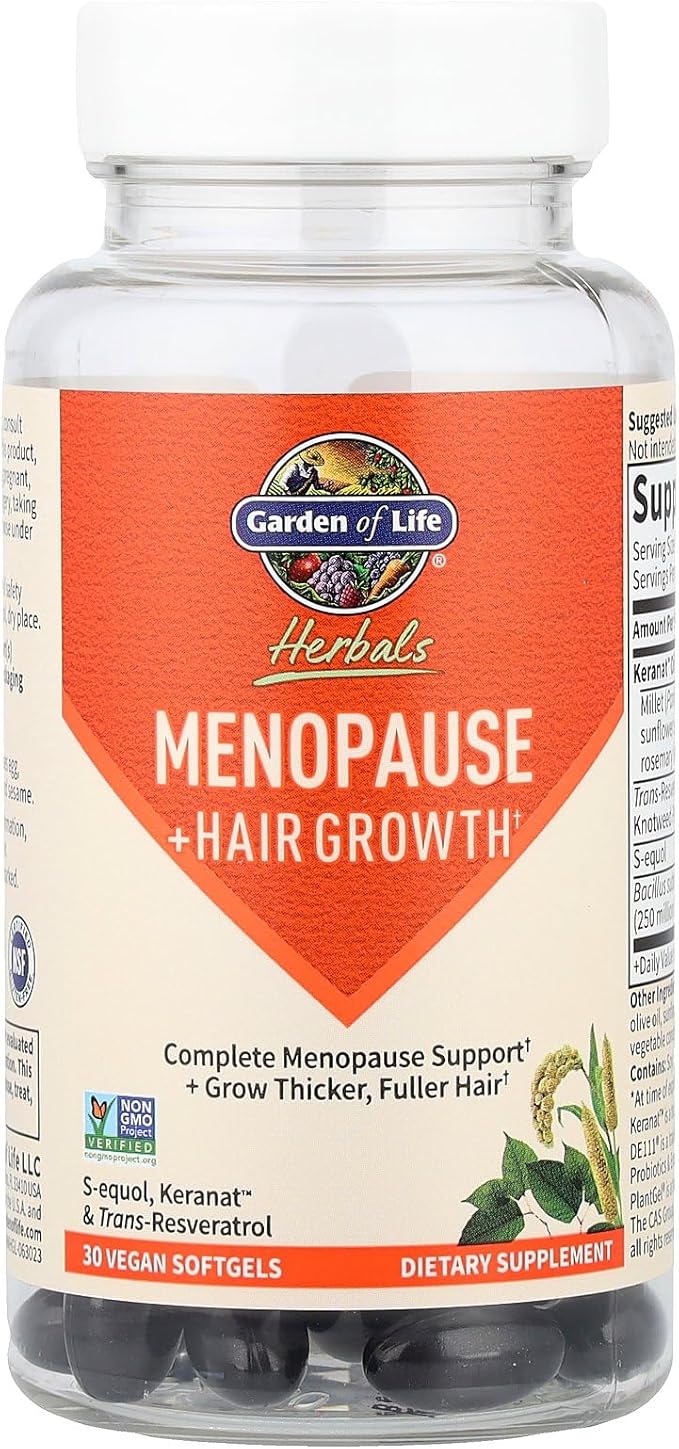Garden of Life Herbals Menopause Supplement with S-equol & Trans-Resveratrol for Multi-Symptom Relief, Keranat for Thicker, Fuller Hair Growth – Non-GMO, Gluten-Free, Vegan, Berry Flavor, 30 Servings
