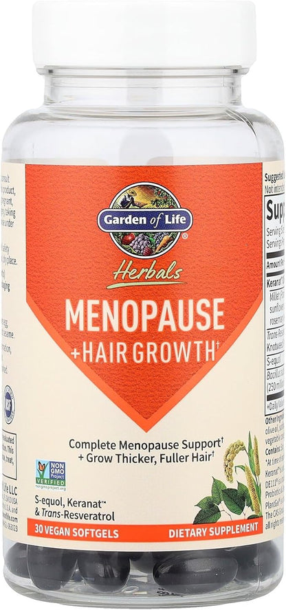 Garden of Life Herbals Menopause Supplement with S-equol & Trans-Resveratrol for Multi-Symptom Relief, Keranat for Thicker, Fuller Hair Growth – Non-GMO, Gluten-Free, Vegan, Berry Flavor, 30 Servings
