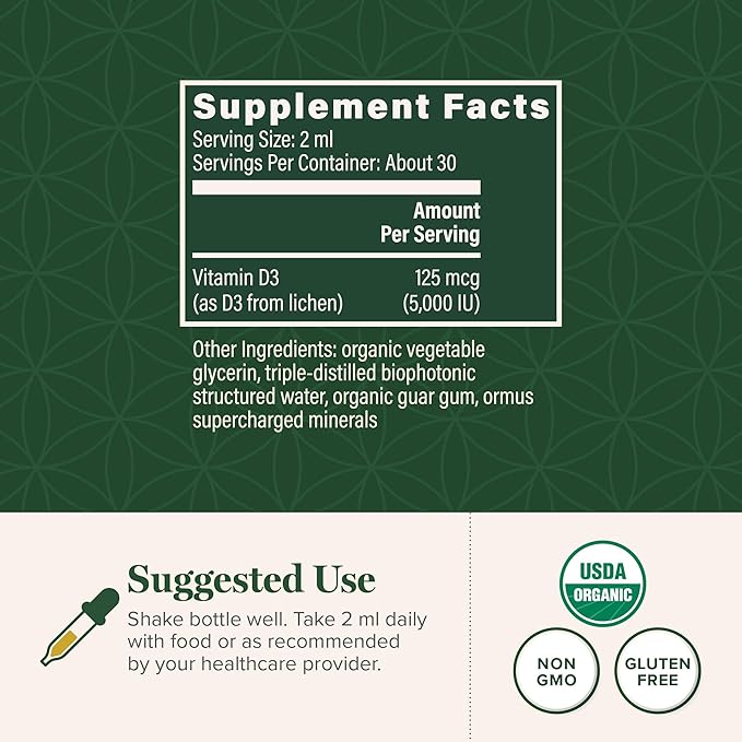 Global Healing Organic Vitamin D3 5000 IU Supplement - Vegan Vitamin D Supplements for Immune Health & Strong Bones Support - Pure D3 Vitamin 5000 IU Ingredients, Vit D3 - 2 Fl Oz