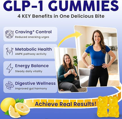 GLP-1, GLP-1 Supplement for Women & Men, Natural GLP 1 Gummies with Berberine, Akkermansia Probiotic, for GLP1 Levels, Metabolism*, lmmune, Energy, Gut & Digestion, No Sugar, 90 Gummies