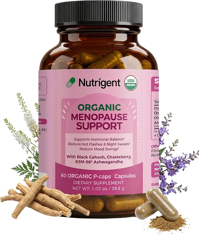 USDA Organic KSM-66 Ashwagandha, Vitex Berry & Black Cohosh, Menopause Support Supplement for Women, Natural Relief for Hot Flashes, Night Sweats & Mood Swings, Hormone-Free (60 CT)