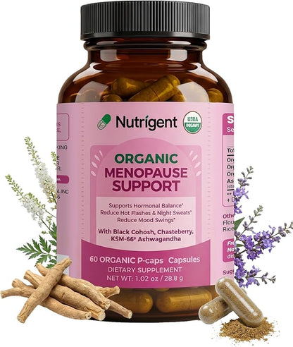 USDA Organic KSM-66 Ashwagandha, Vitex Berry & Black Cohosh, Menopause Support Supplement for Women, Natural Relief for Hot Flashes, Night Sweats & Mood Swings, Hormone-Free (60 CT)