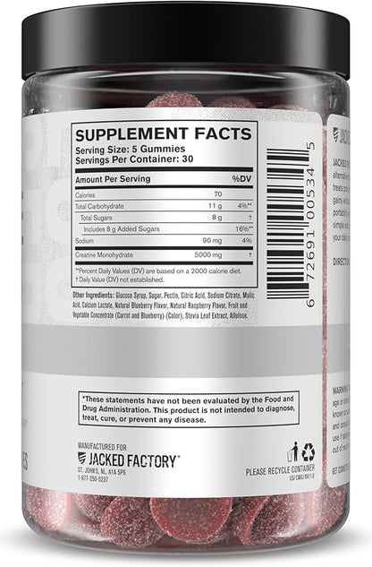 Jacked Factory Creatine Gummies 5g Daily Dose (1g per Gummy) - Creatine Gummy for Men and Women, Vegan-Friendly, Travel-Friendly, Third-Party Tested - 150 Gummies, Blue Raspberry
