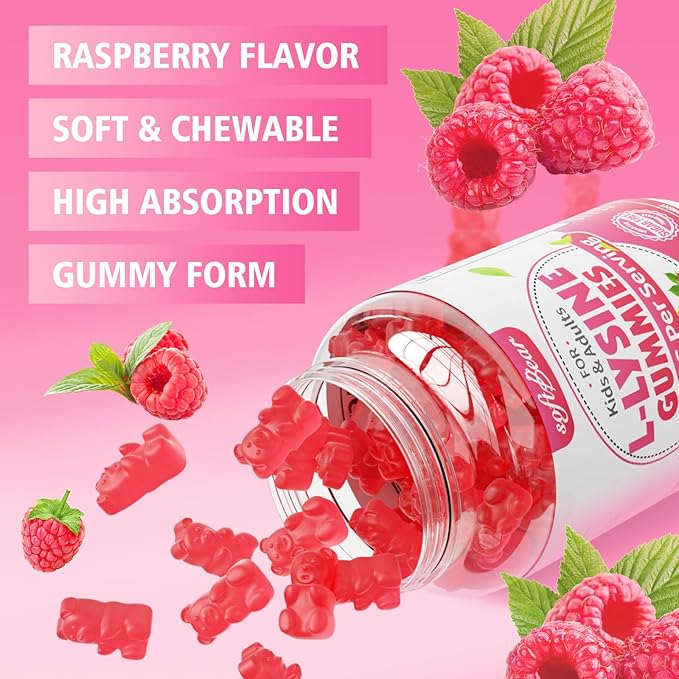 softbear L-Lysine Gummies for Adults & Kids, L Lysine 1000mg Chewable Lysine Supplement for Lips & Oral Health, Immune & Collagen Support, Vegan, Non GMO, Gluten-Free, Raspberry Flavor 120 Count