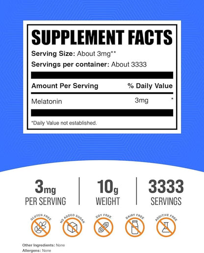 BulkSupplements.com Melatonin Powder - Pure Melatonin, Sleep Aid for Adults - Vegan & Gluten Free, 3mg per Serving, 10g (0.35 oz) (Pack of 1)