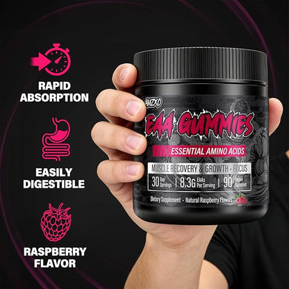 EAA Gummies - 2:1:1 BCAA Formula (8300mg) - Essential Amino Acids for Muscle Recovery & Endurance - Non-GMO, Gluten Free, Sugar Free, Vegetarian, Raspberry Flavor - 90 Count