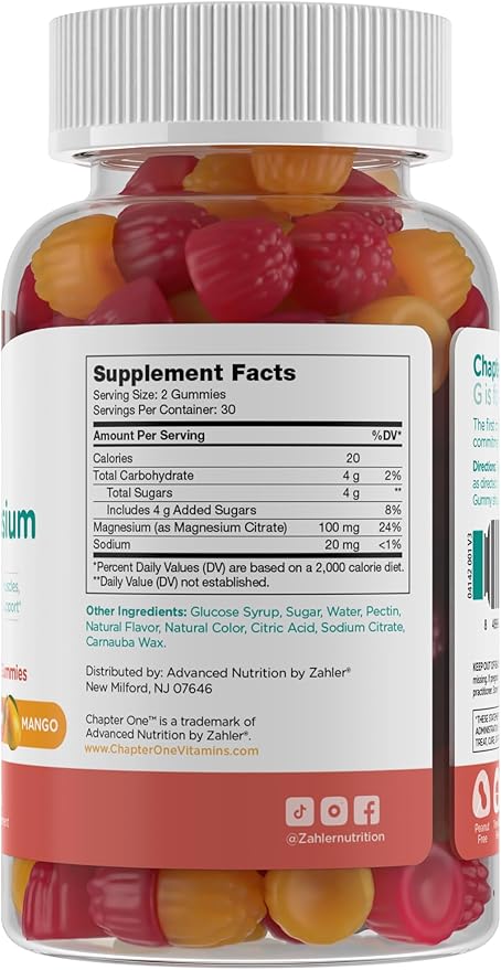 Chapter One Magnesium Gummies, Great Tasting Magnesium for Kids, Calm Kids Magnesium, Magnesium Gummies for Women and Men, Raspberry and Mango Flavored, Certified Kosher, (60 Flavored Gummies)