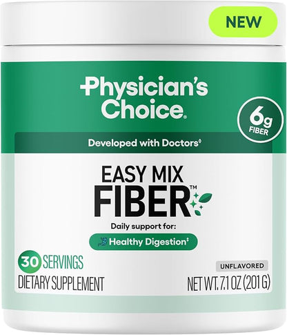 Physician's CHOICE Easy Mix Fiber for Digestive Health & Regularity - No Grit, Sugar Free, & Tasteless - Daily Prebiotic Soluble Fiber Powder Supplement for Women and Men - Unflavored - 7.1oz