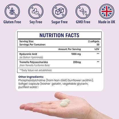Liposomal Hyaluronic Acid Supplements 1000mg-High Bioavailable Dietary Hyaluronic Acid Capsules-with 200 mg Tremella Polysaccharides for Double Strength Skin Hydration,Joint Lubrication,2 Pack