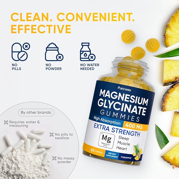 Magnesium Glycinate Gummies 400mg, High Absorption Magnesium Supplement for Women, Men and Kids, Muscle Support and Relaxation, Sugar Free, Vegan, 60 Days Supply
