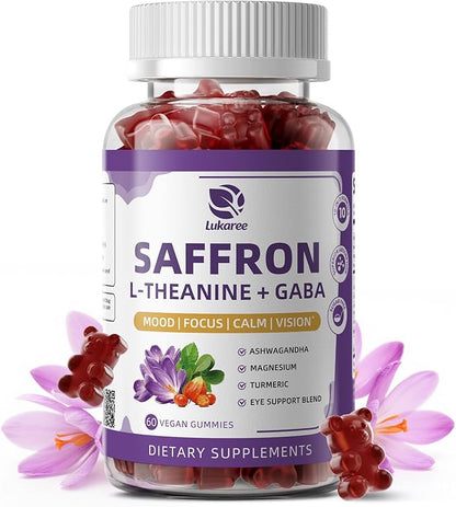 Lukaree 10-in-1 Saffron Gummies Supplements for Mood, Focus & Eye Support with L-Theanine 200mg, GABA, Ashwagandha, Lutein, Zeaxanthin & Astaxanthin, Sugar Free, Vegan, Berry Flavor, 60 Count