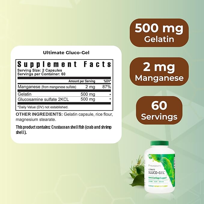 Youngevity Ultimate Gluco-Gel -for Tendons, Bones & Cartilage | Contains Glucosamine, Gelatin & Manganese | 240 Capsules | 2 Bottles