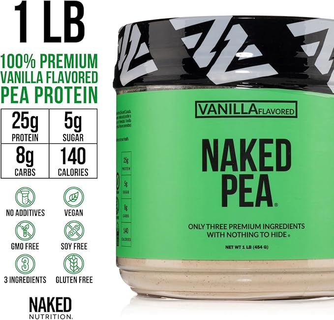 NAKED Vanilla Pea Protein Isolate from North American Farms, Only 3 Ingredients, Vanilla Vegan Protein, NSF Certified, Gluten-Free, Soy Free, GMO Free - 1LB