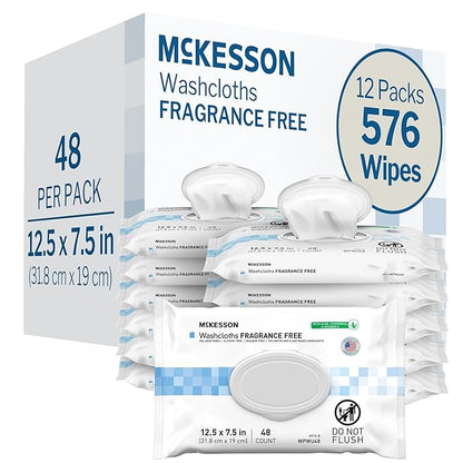 McKesson Washcloth Wipes, Unscented - Disposable Wet Wipes for Adults - Fragrance-Free, Paraben-Free - No-Rinse Formula, 48 Count, 12 Packs, 576 Total